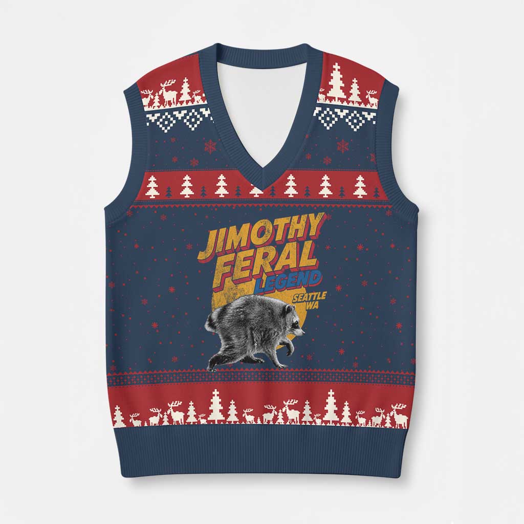Vintage Jimothy Raccoon V-Neck Knit Sweater Vest Feral Legend Seattle WA Trash Panda Meme
