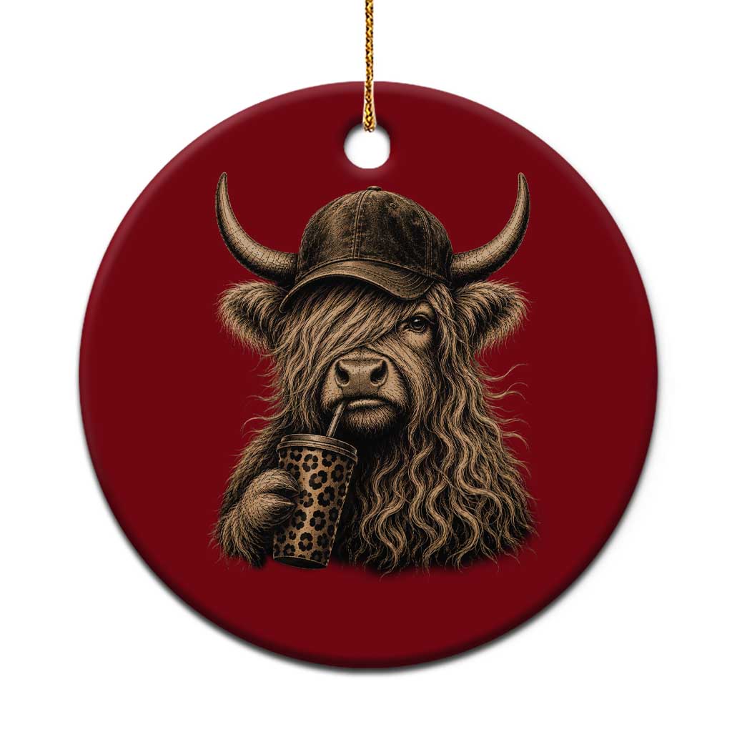 Highland Cow Funny Cute Coffee Lover Graphic Ceramic Ornament