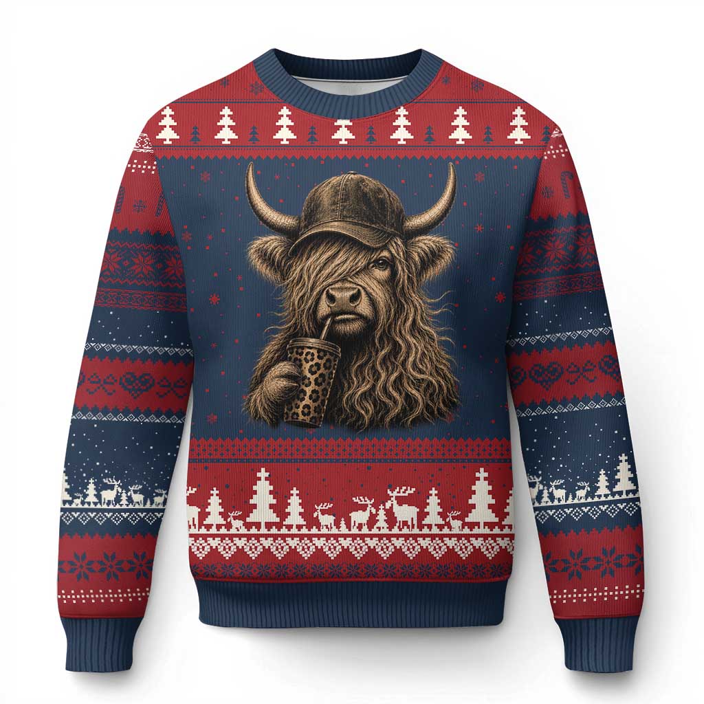 Highland Cow Funny Cute Coffee Lover Graphic Ugly Christmas Sweater