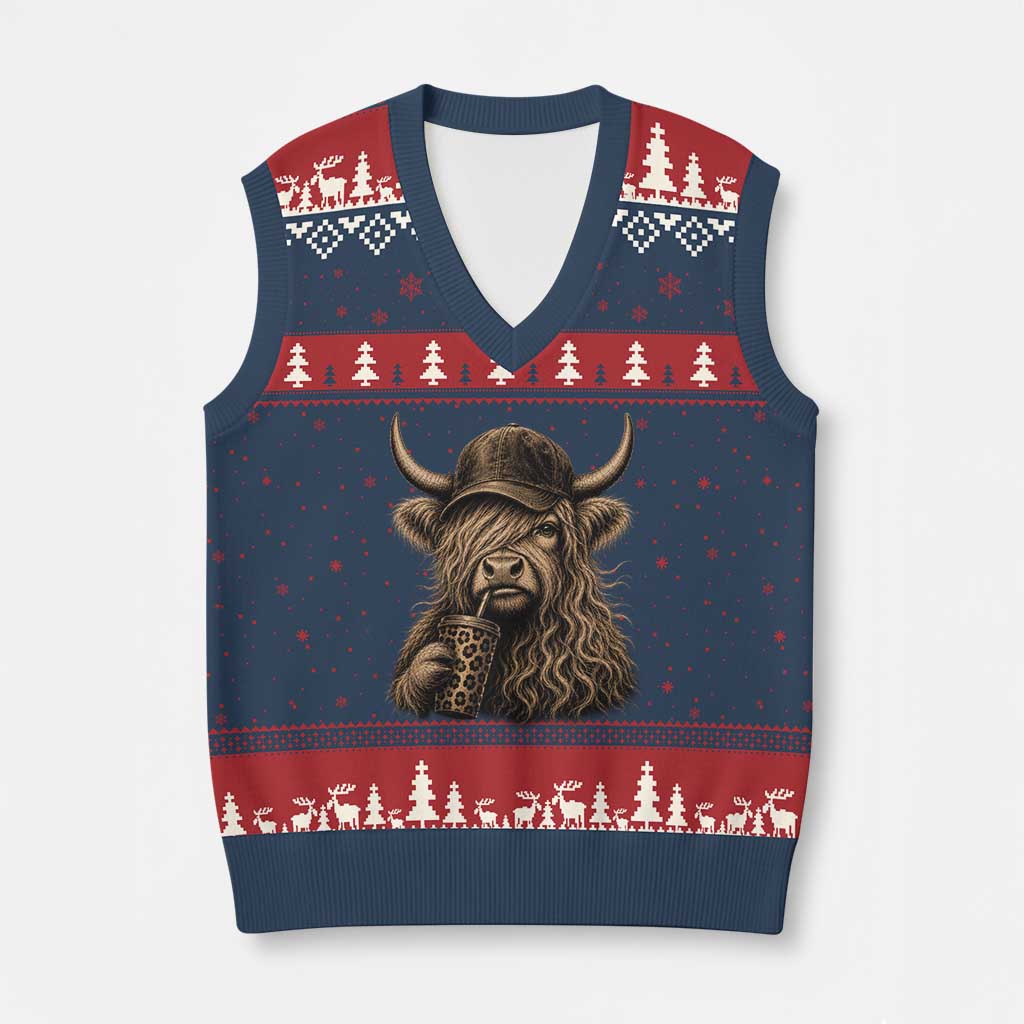 Highland Cow Funny Cute Coffee Lover Graphic V-Neck Knit Sweater Vest