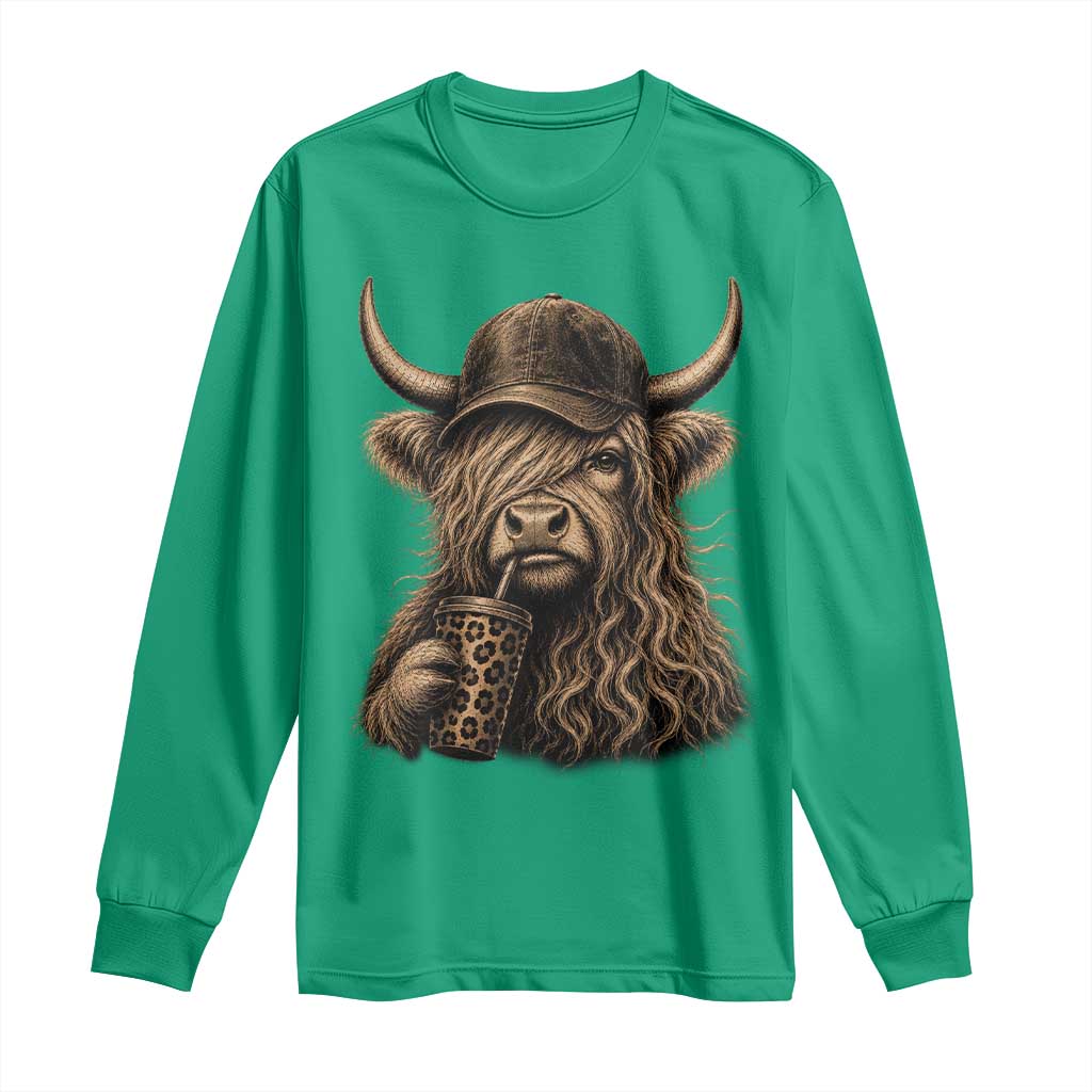 Highland Cow Funny Cute Coffee Lover Graphic Long Sleeve Shirt