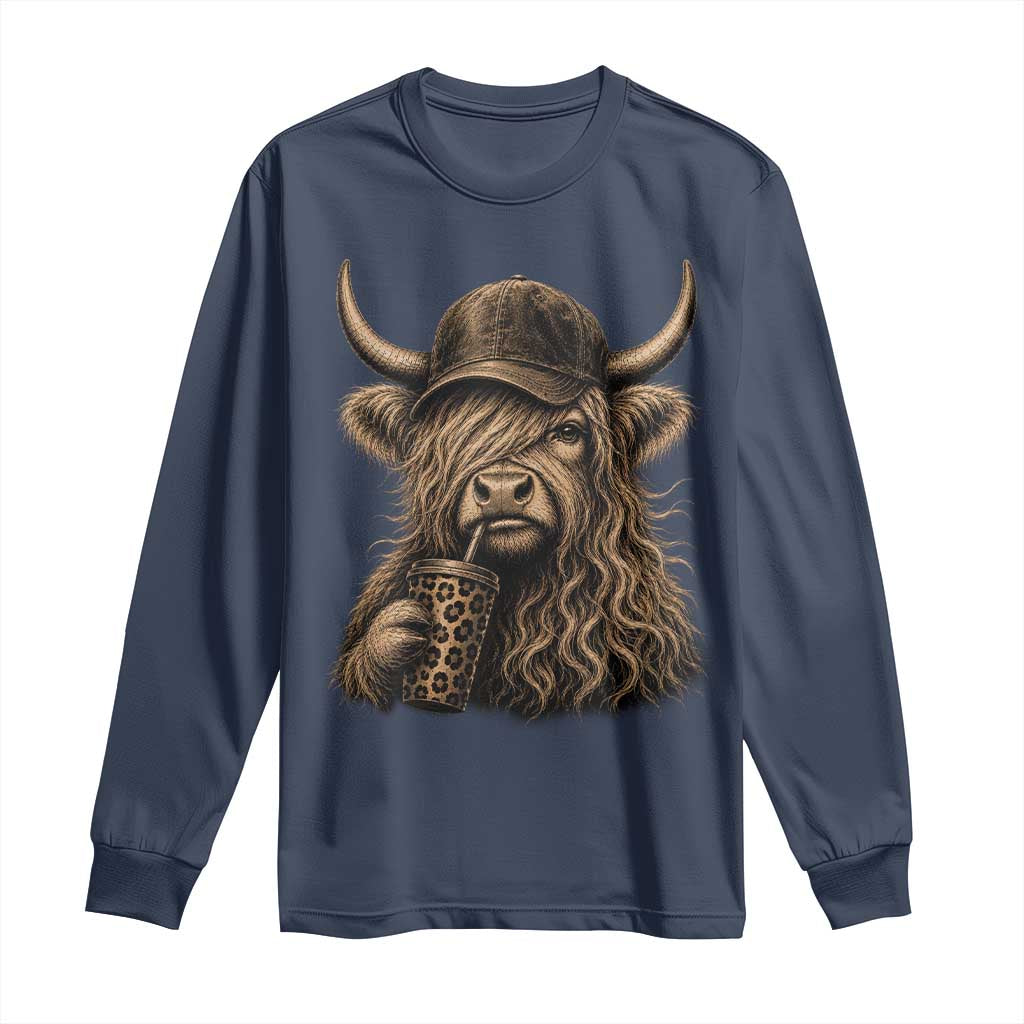 Highland Cow Funny Cute Coffee Lover Graphic Long Sleeve Shirt