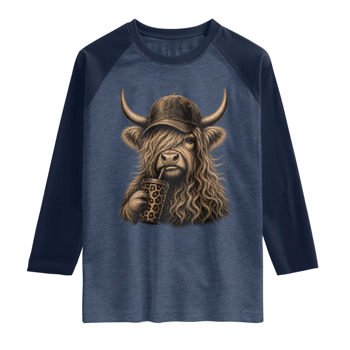 Highland Cow Funny Cute Coffee Lover Graphic Raglan Shirt