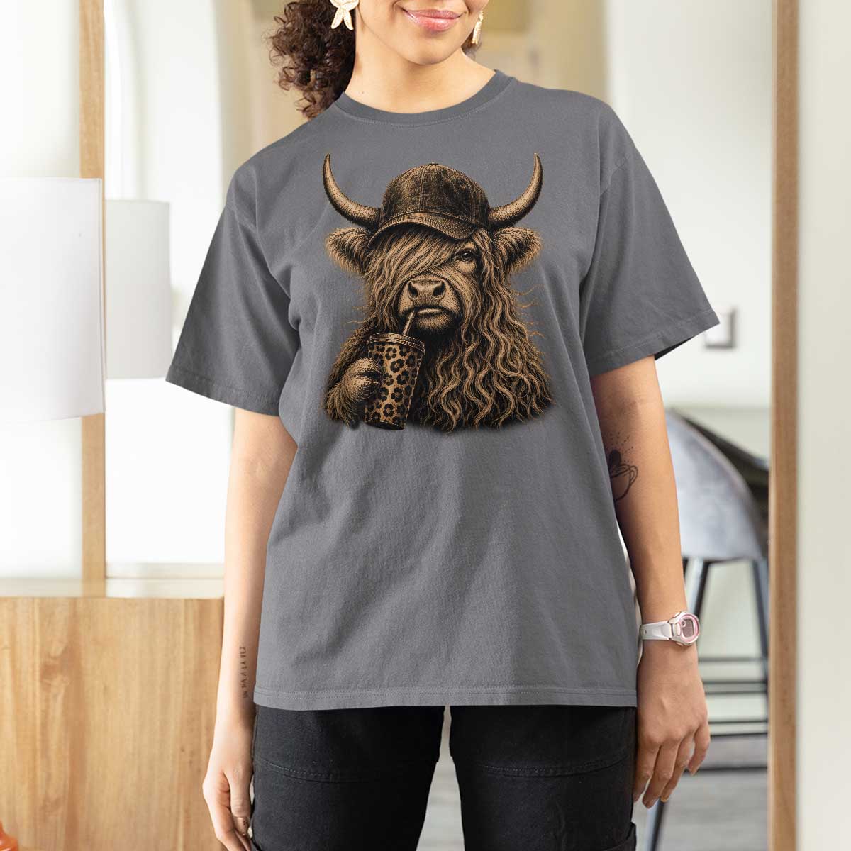 Highland Cow Funny Cute Coffee Lover Graphic T Shirt For Women