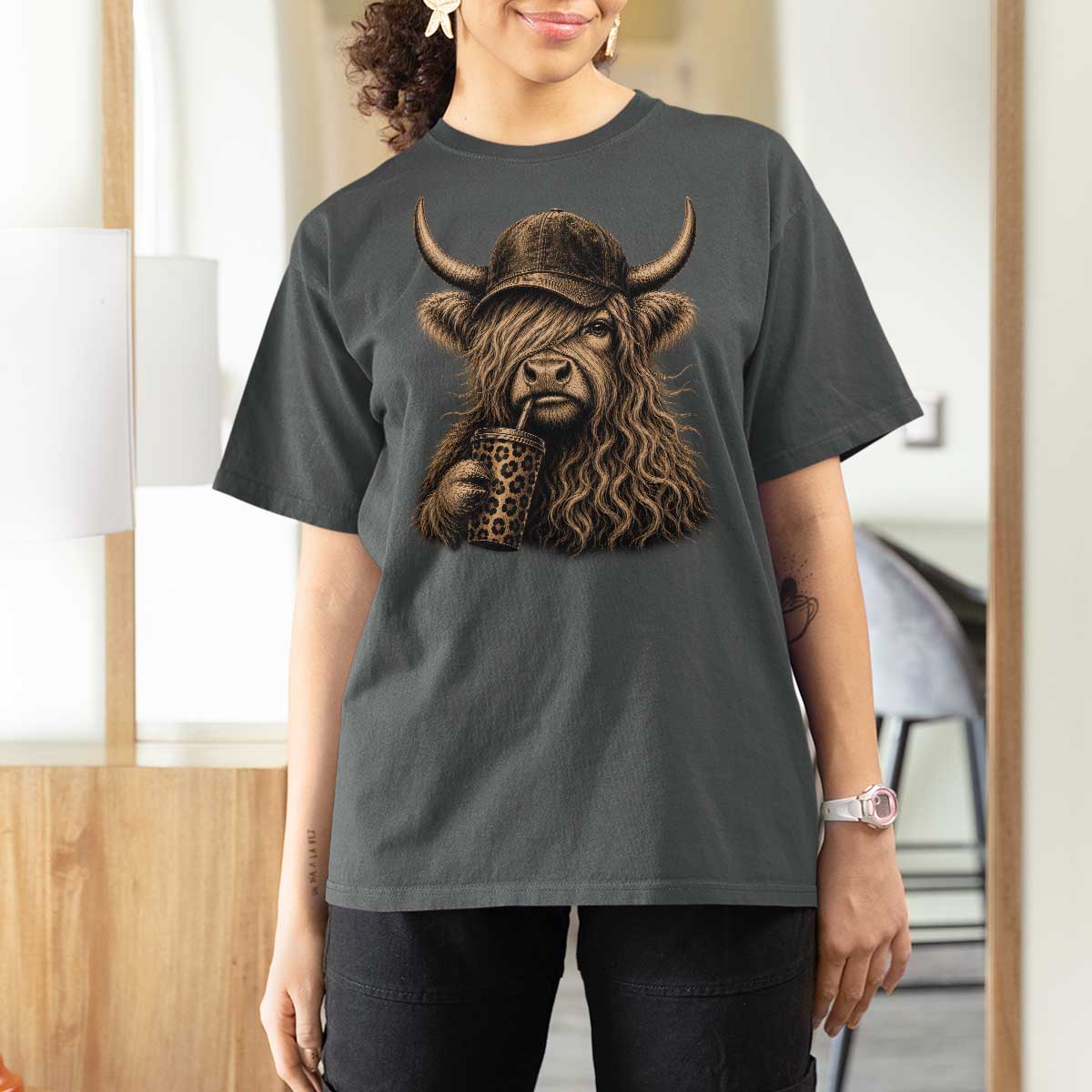 Highland Cow Funny Cute Coffee Lover Graphic T Shirt For Women