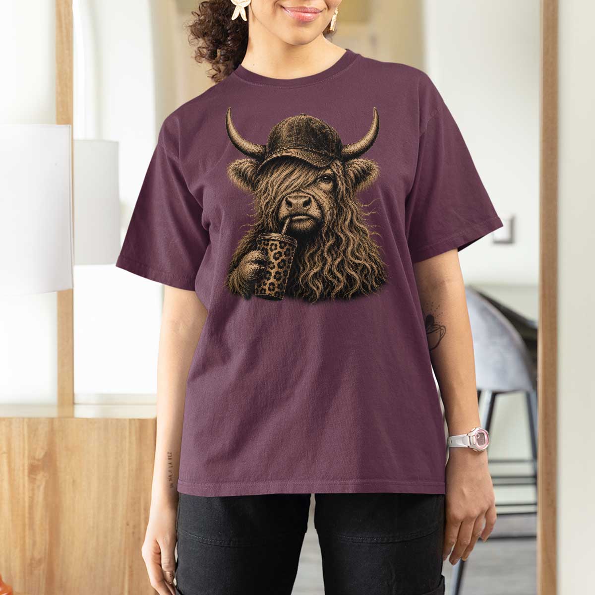 Highland Cow Funny Cute Coffee Lover Graphic T Shirt For Women