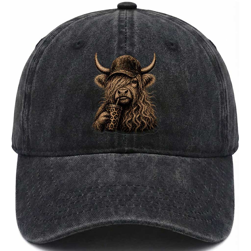 Highland Cow Funny Cute Coffee Lover Graphic Washed Cotton Baseball Cap