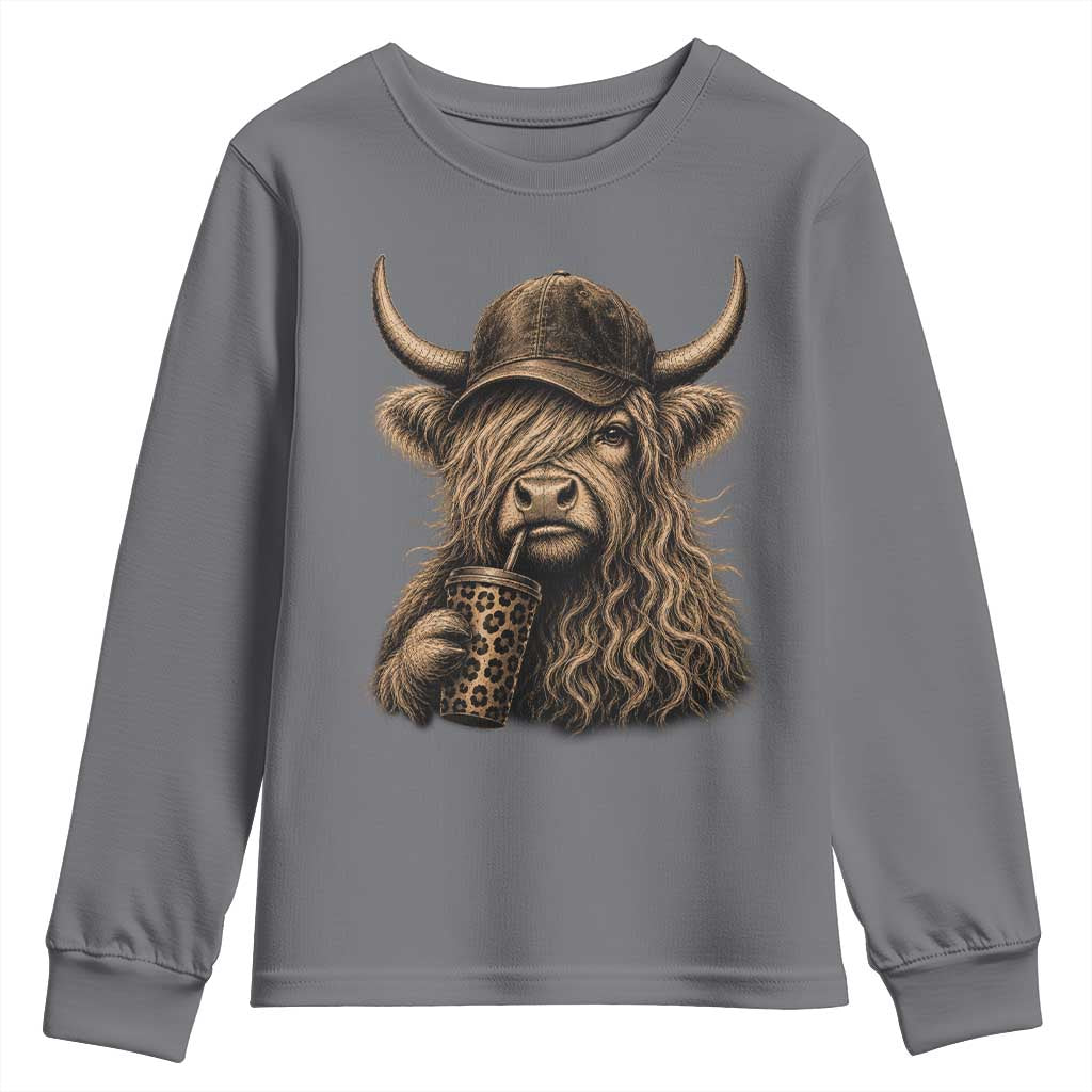 Highland Cow Funny Cute Coffee Lover Graphic Youth Sweatshirt