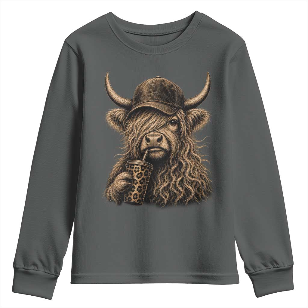 Highland Cow Funny Cute Coffee Lover Graphic Youth Sweatshirt