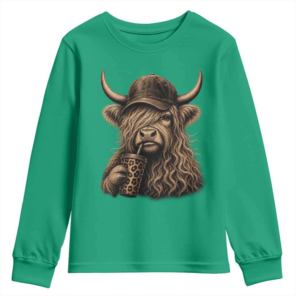 Highland Cow Funny Cute Coffee Lover Graphic Youth Sweatshirt