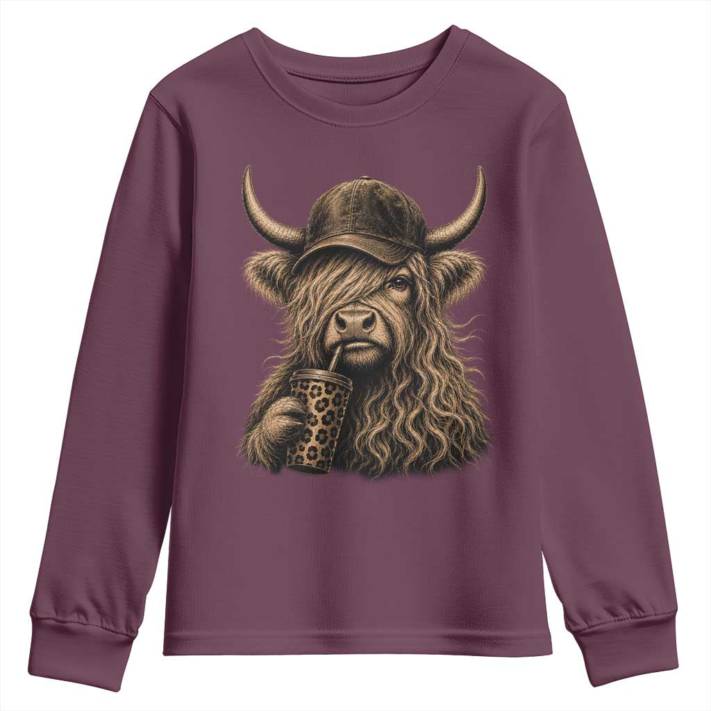 Highland Cow Funny Cute Coffee Lover Graphic Youth Sweatshirt