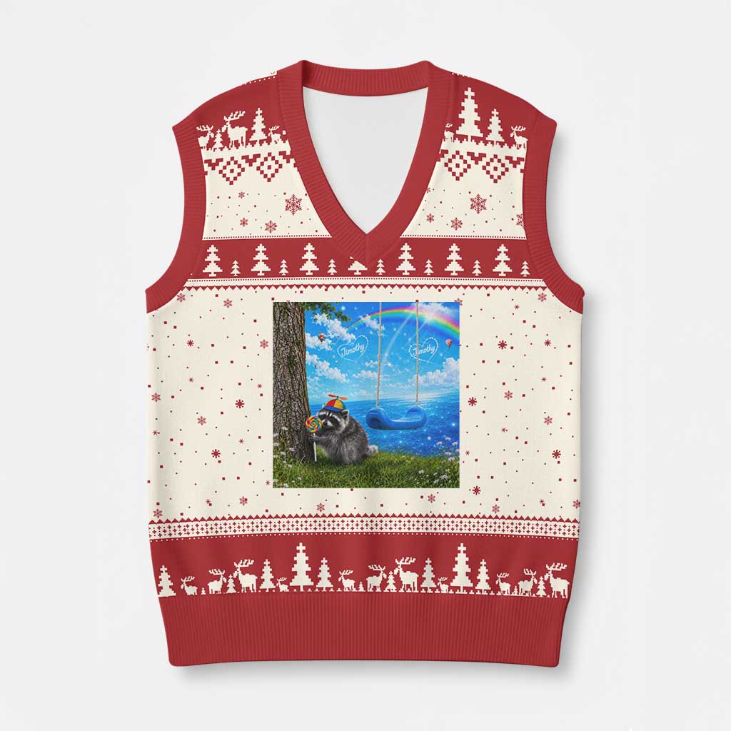 Jimothy Raccoon Dreamcore V-Neck Knit Sweater Vest Seattle Trash Panda Gen Z Humor Rainbow Aesthetic