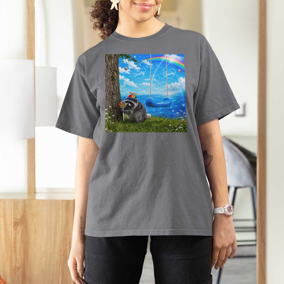 Jimothy Raccoon Dreamcore T Shirt For Women Seattle Trash Panda Gen Z Humor Rainbow Aesthetic