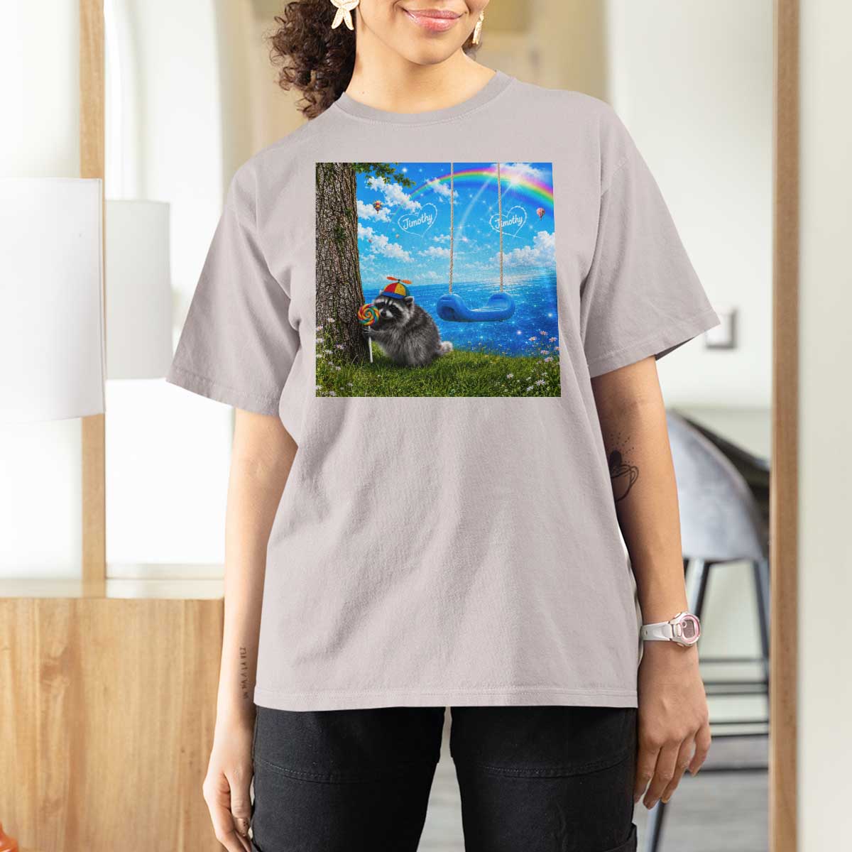 Jimothy Raccoon Dreamcore T Shirt For Women Seattle Trash Panda Gen Z Humor Rainbow Aesthetic