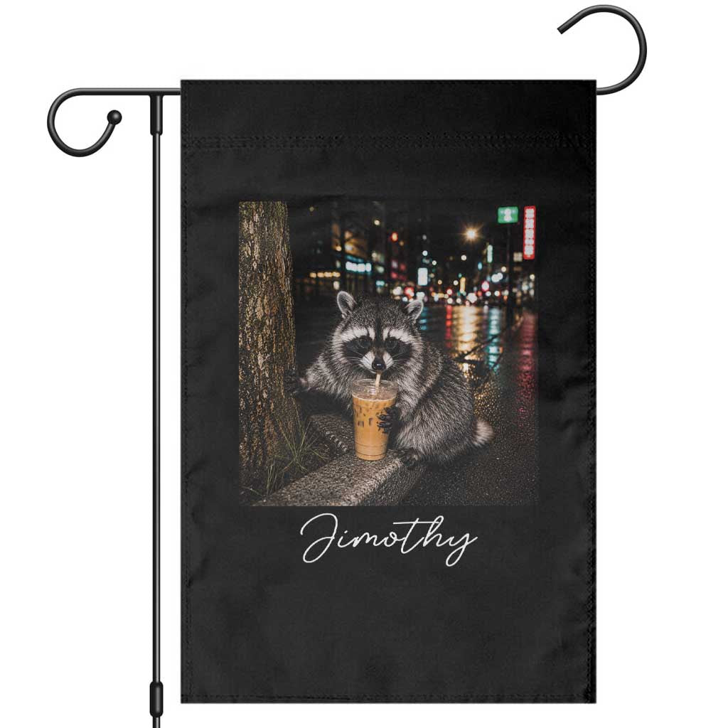 Jimothy Raccoon Drinking Iced Coffee Night City Aesthetic Garden Flag