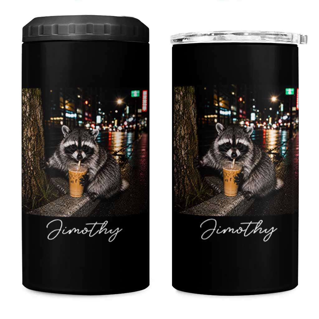 Jimothy Raccoon Drinking Iced Coffee Night City Aesthetic 4 in 1 Can Cooler Tumbler