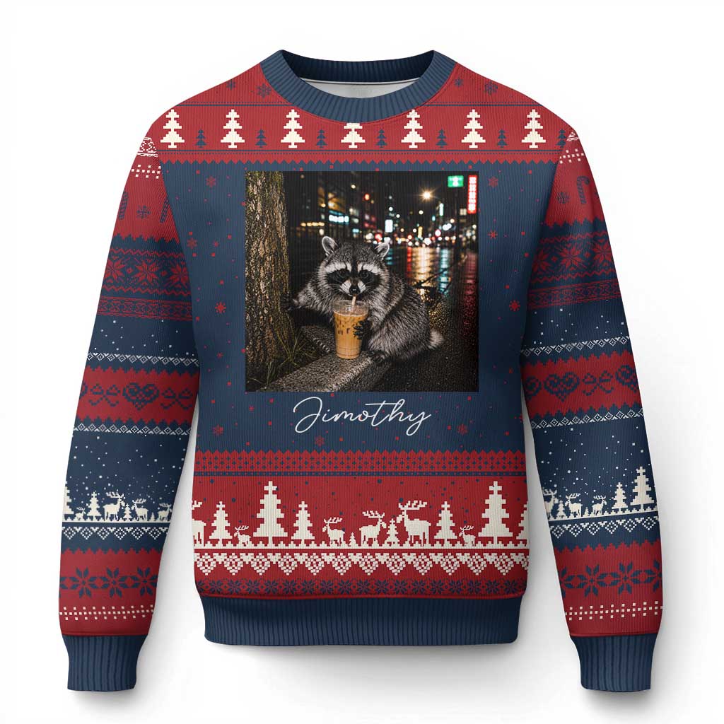 Jimothy Raccoon Drinking Iced Coffee Night City Aesthetic Ugly Christmas Sweater
