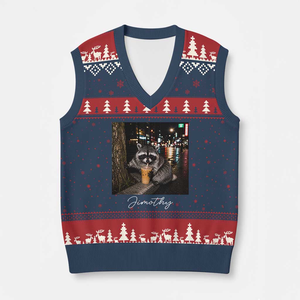 Jimothy Raccoon Drinking Iced Coffee Night City Aesthetic V-Neck Knit Sweater Vest