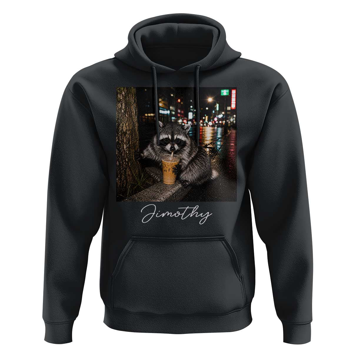 Jimothy Raccoon Drinking Iced Coffee Night City Aesthetic Hoodie