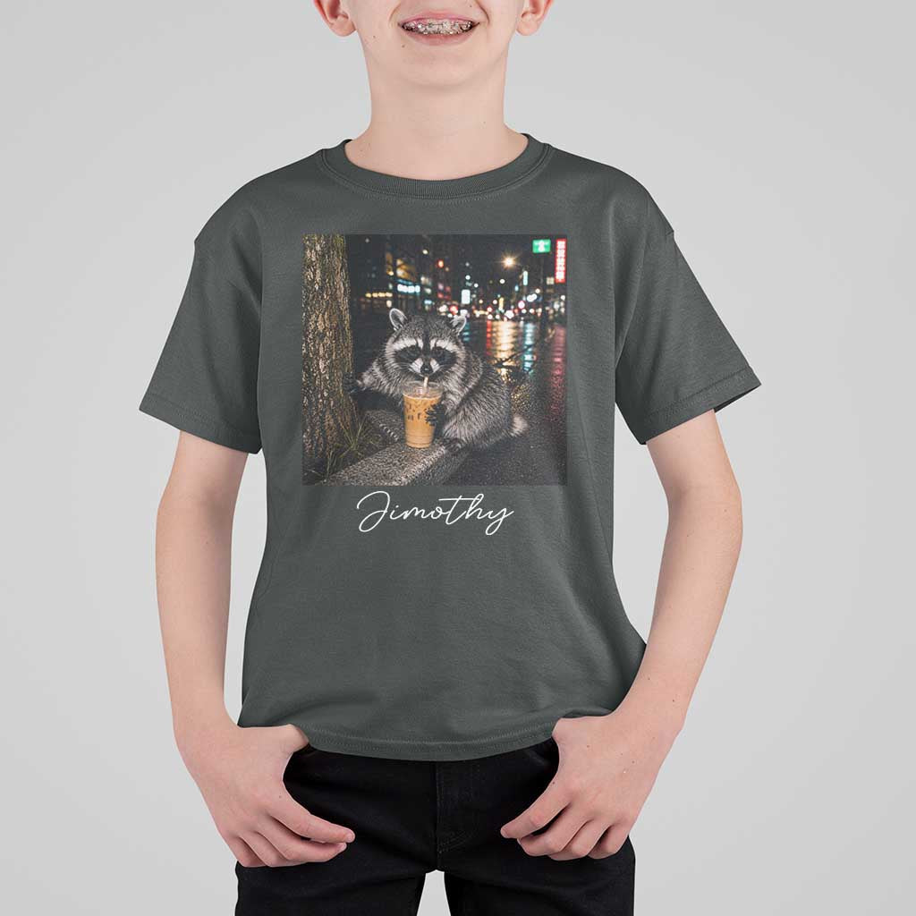 Jimothy Raccoon Drinking Iced Coffee Night City Aesthetic T Shirt For Kid