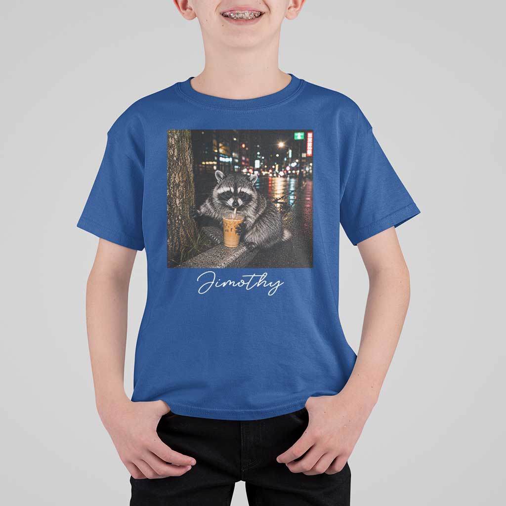 Jimothy Raccoon Drinking Iced Coffee Night City Aesthetic T Shirt For Kid