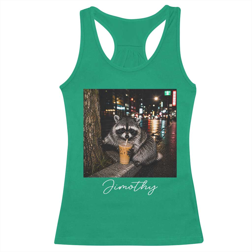 Jimothy Raccoon Drinking Iced Coffee Night City Aesthetic Racerback Tank Top