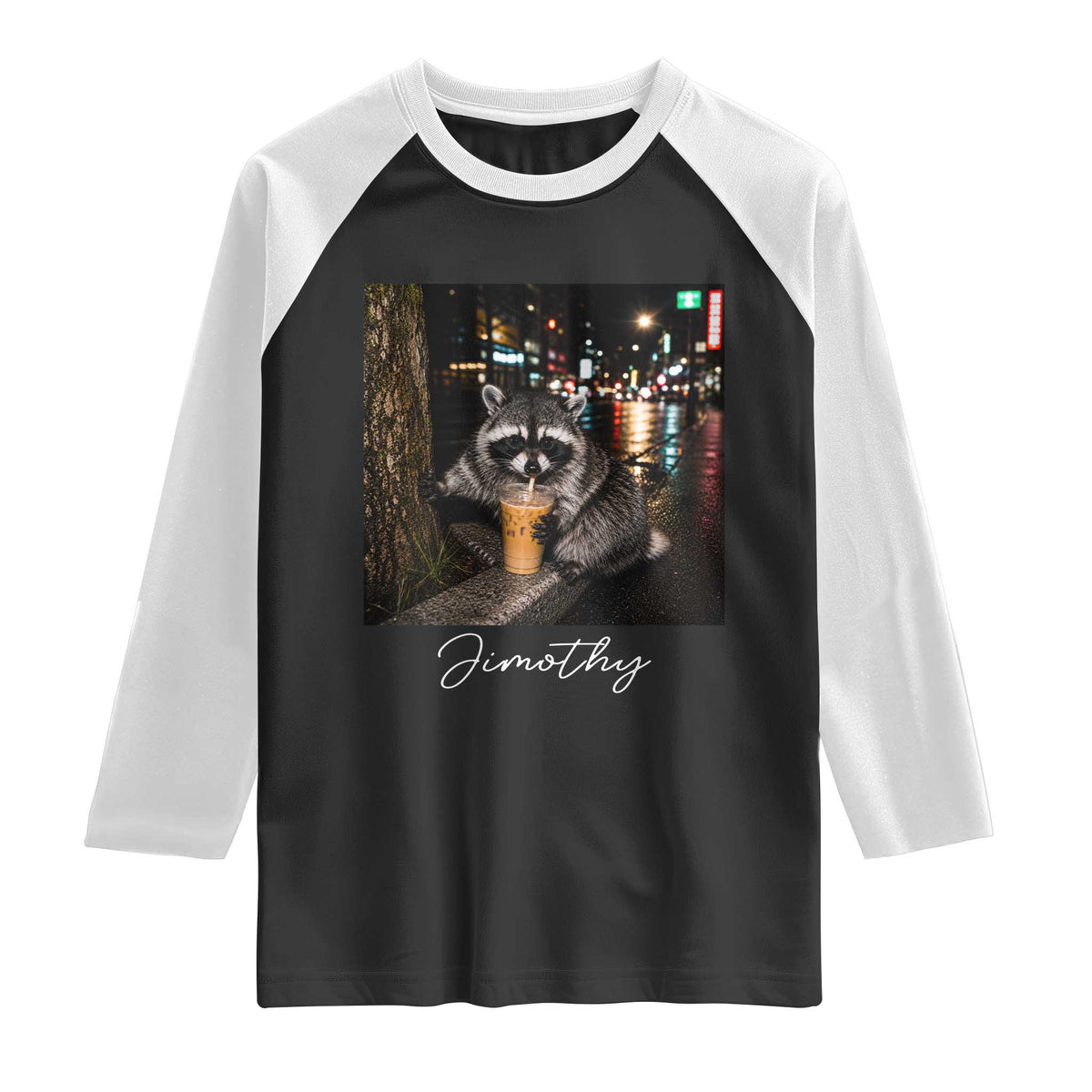 Jimothy Raccoon Drinking Iced Coffee Night City Aesthetic Raglan Shirt