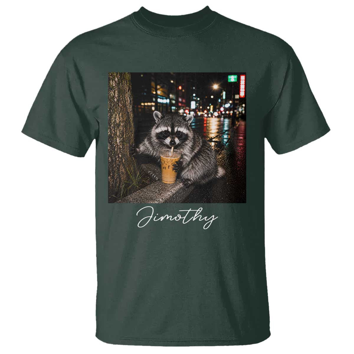 Jimothy Raccoon Drinking Iced Coffee Night City Aesthetic T Shirt