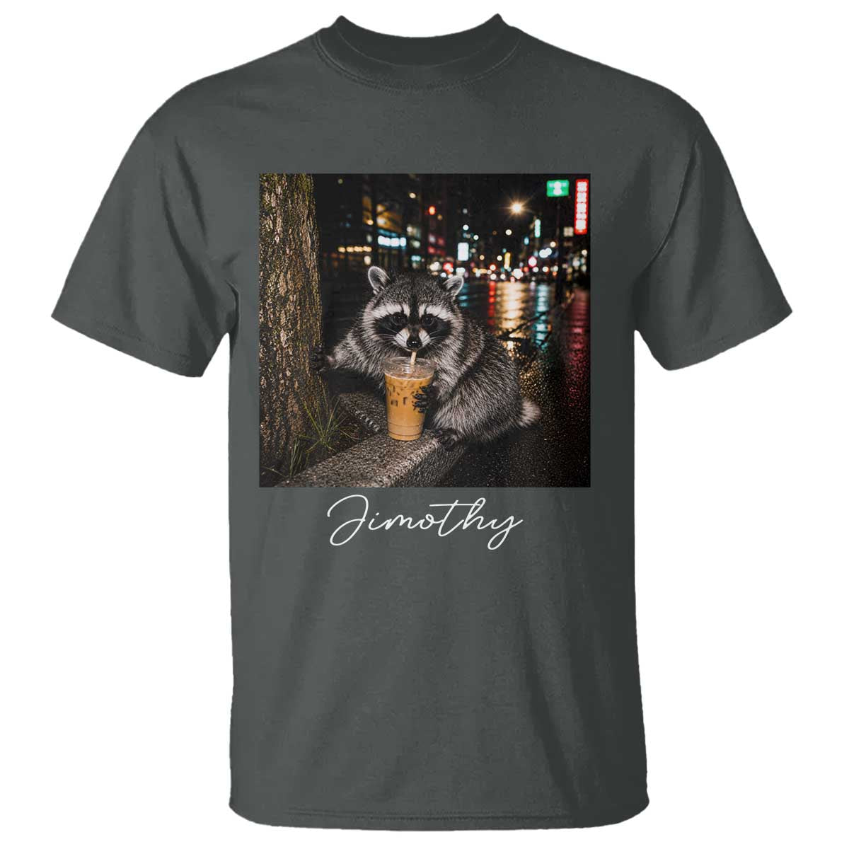 Jimothy Raccoon Drinking Iced Coffee Night City Aesthetic T Shirt