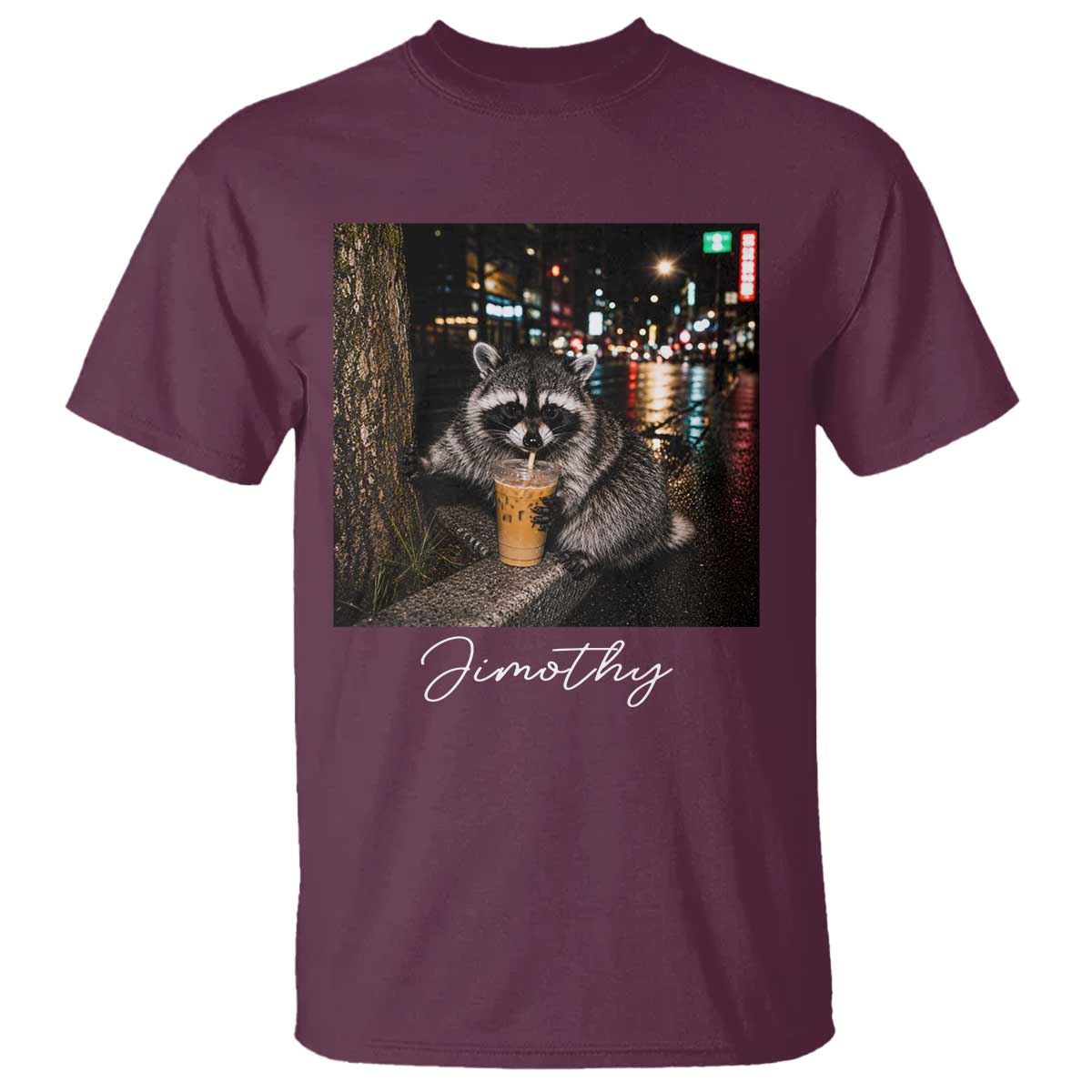 Jimothy Raccoon Drinking Iced Coffee Night City Aesthetic T Shirt