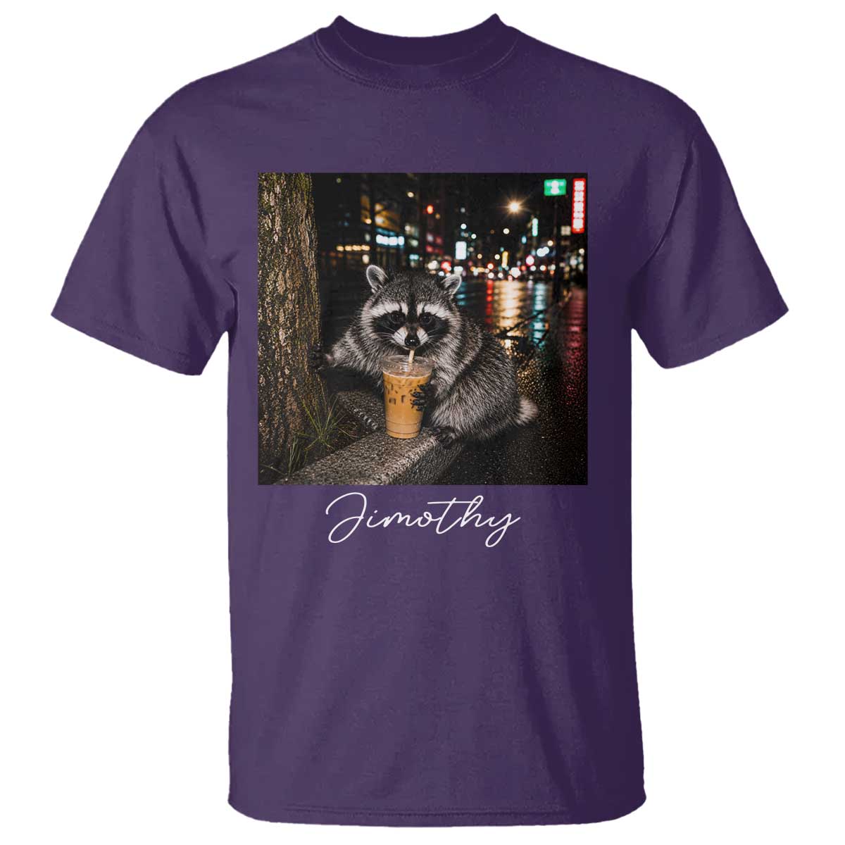 Jimothy Raccoon Drinking Iced Coffee Night City Aesthetic T Shirt