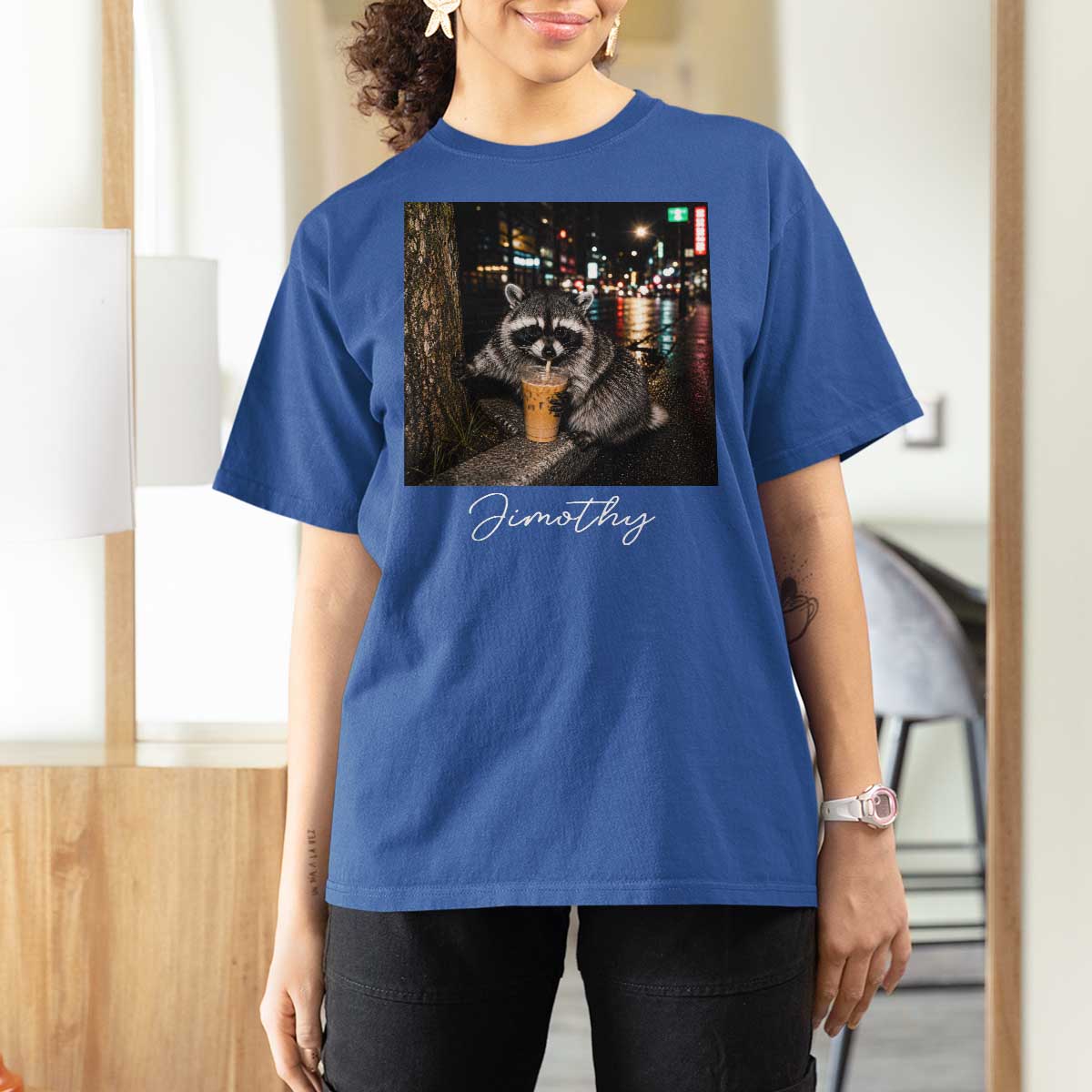 Jimothy Raccoon Drinking Iced Coffee Night City Aesthetic T Shirt For Women
