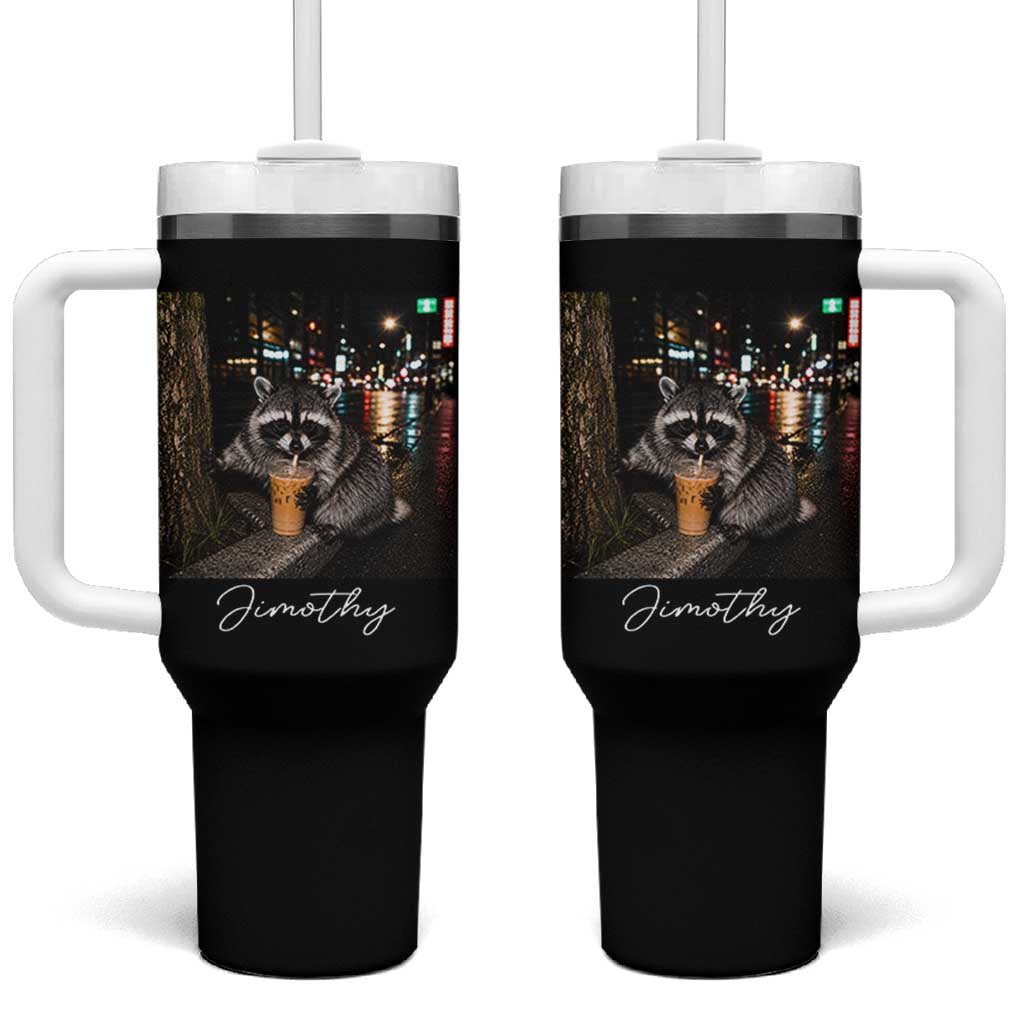 Jimothy Raccoon Drinking Iced Coffee Night City Aesthetic Tumbler With Handle