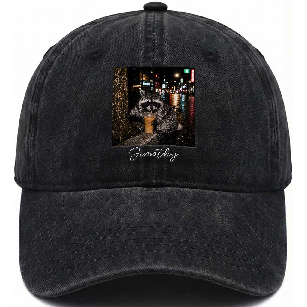 Jimothy Raccoon Drinking Iced Coffee Night City Aesthetic Washed Cotton Baseball Cap