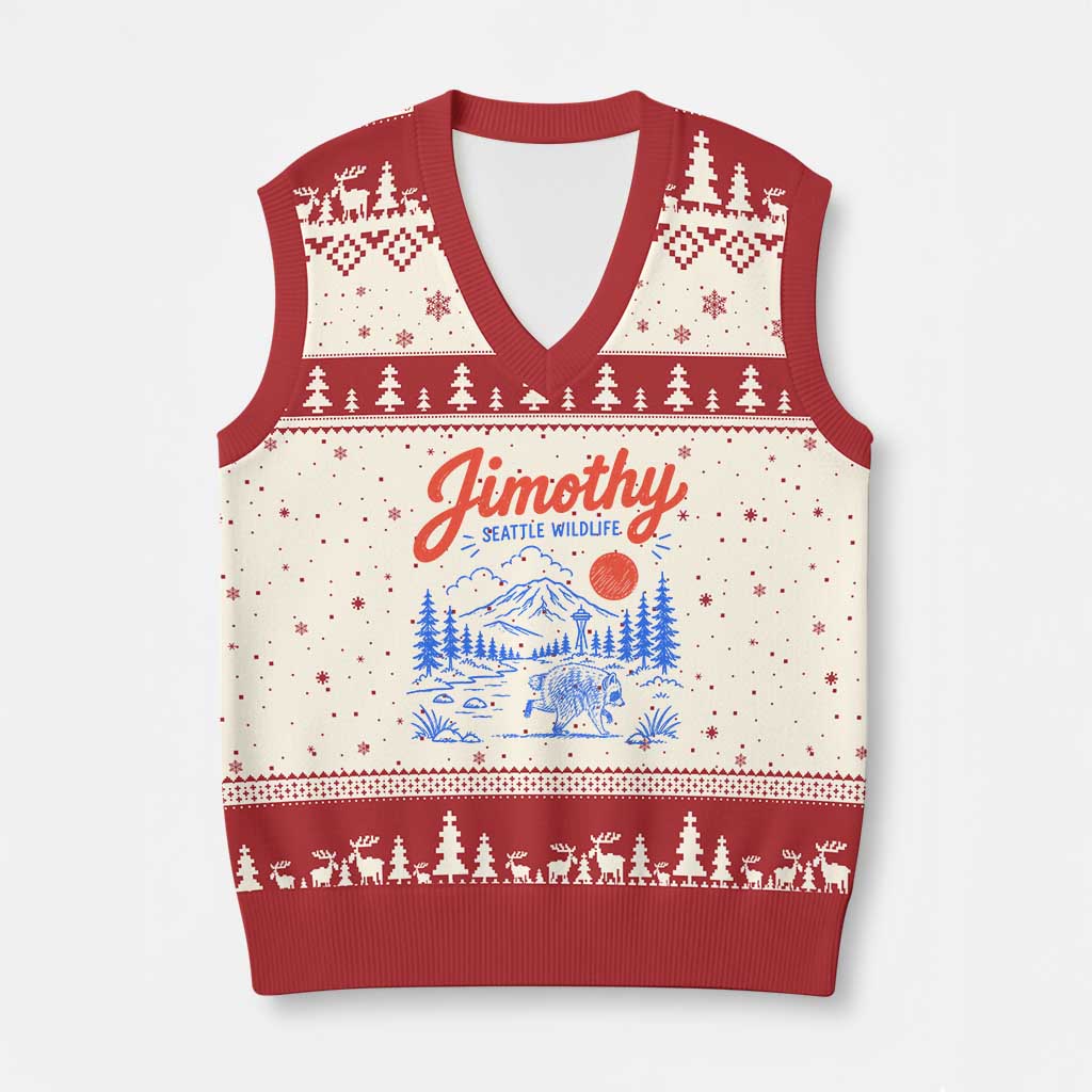 Jimothy Seattle Raccoon V-Neck Knit Sweater Vest Vintage Graphic Viral Short Spine Trash Panda Wildlife