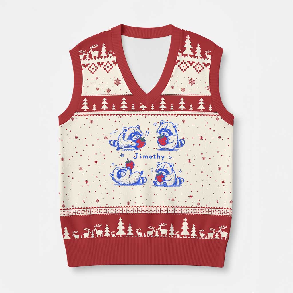 Funny Jimothy Viral Raccoon V-Neck Knit Sweater Vest Cute Baby Trash Panda Strawberry