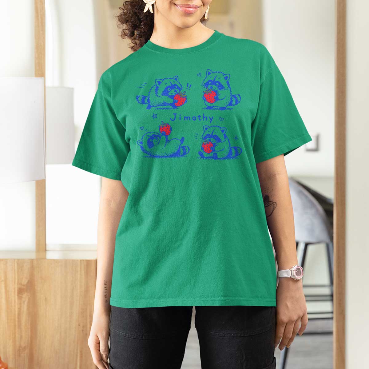 Funny Jimothy Viral Raccoon T Shirt For Women Cute Baby Trash Panda Strawberry