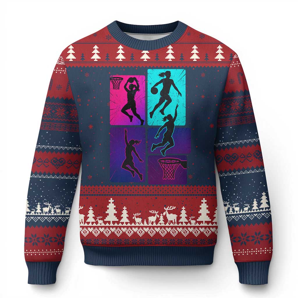 Basketball Girls Ugly Christmas Sweater Retro Neon Girl Dunk Hoop Sports - Wonder Print Shop