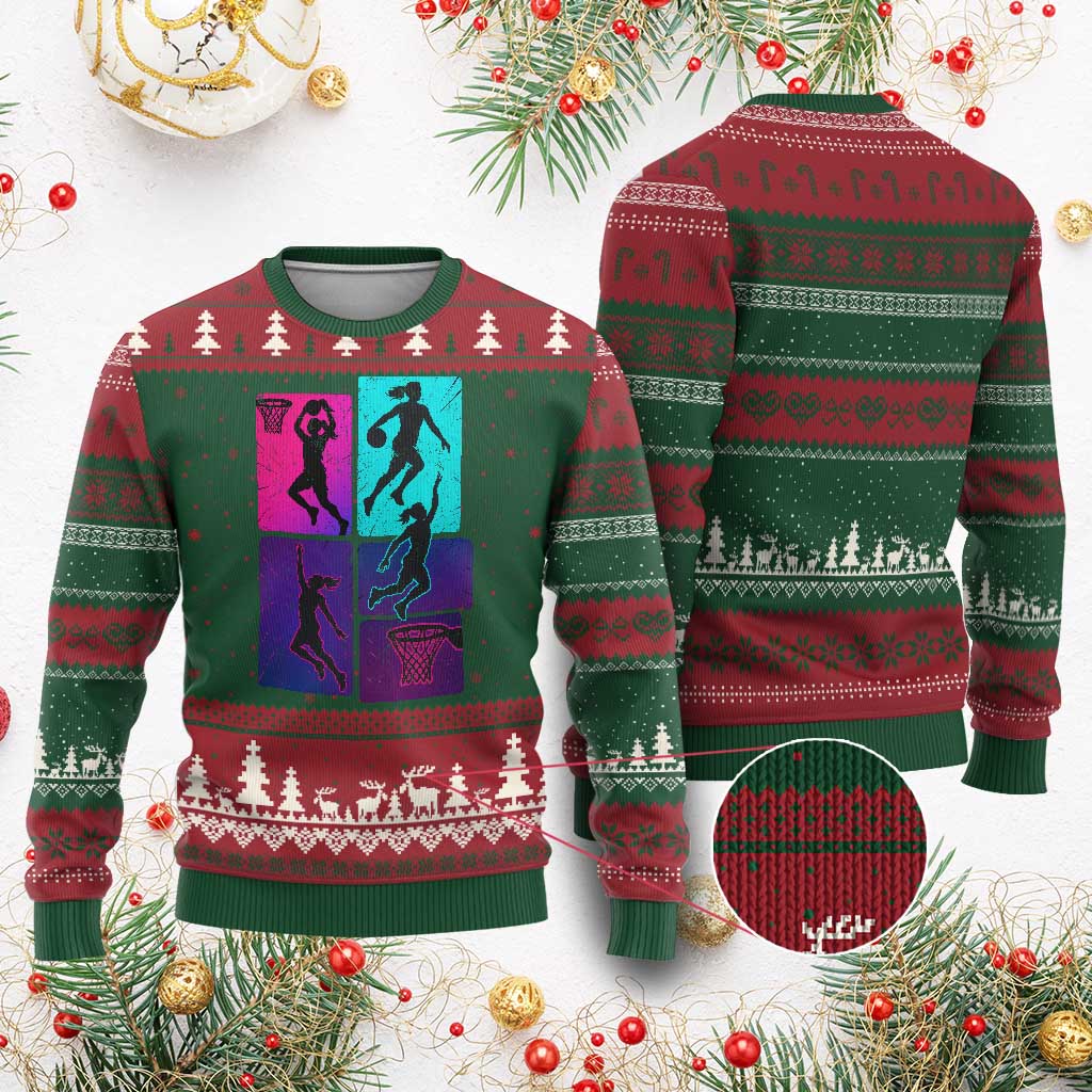Basketball Girls Ugly Christmas Sweater Retro Neon Girl Dunk Hoop Sports - Wonder Print Shop
