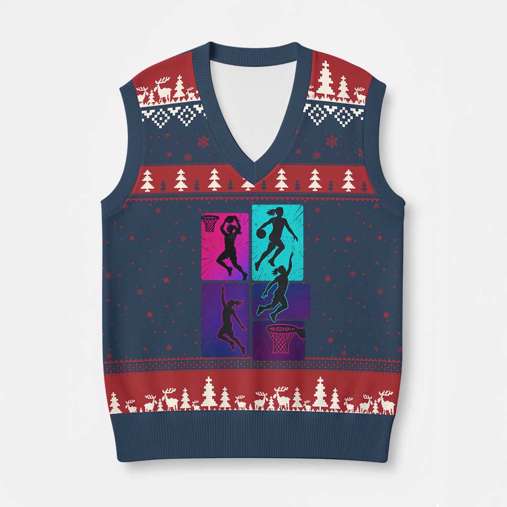 Basketball Girls V-Neck Knit Sweater Vest Retro Neon Girl Dunk Hoop Sports - Wonder Print Shop