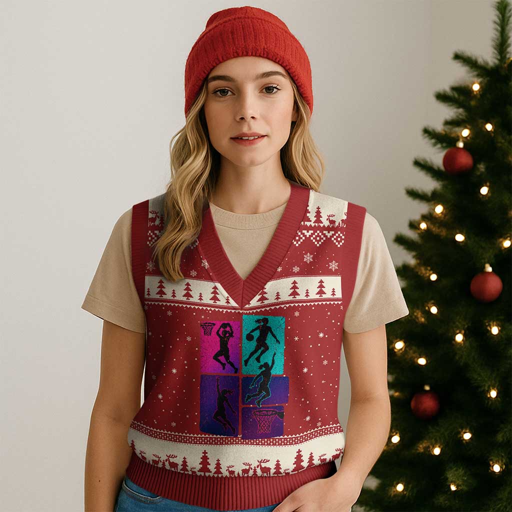 Basketball Girls V-Neck Knit Sweater Vest Retro Neon Girl Dunk Hoop Sports - Wonder Print Shop