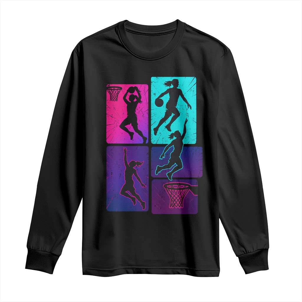 Basketball Girls Long Sleeve Shirt Retro Neon Girl Dunk Hoop Sports - Wonder Print Shop