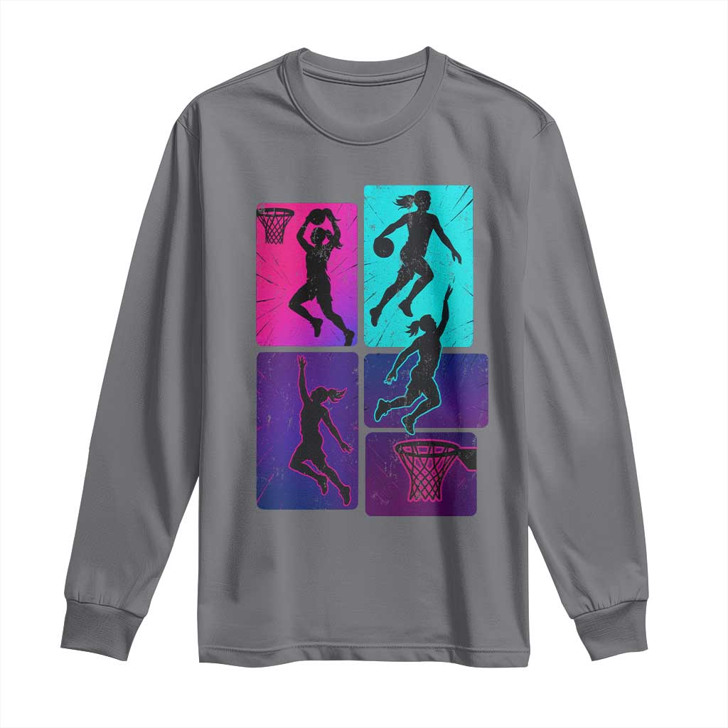 Basketball Girls Long Sleeve Shirt Retro Neon Girl Dunk Hoop Sports - Wonder Print Shop