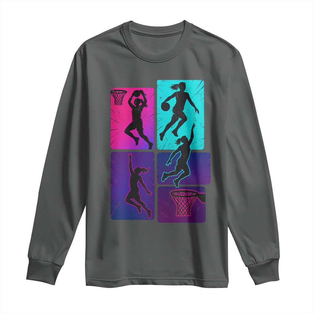 Basketball Girls Long Sleeve Shirt Retro Neon Girl Dunk Hoop Sports - Wonder Print Shop