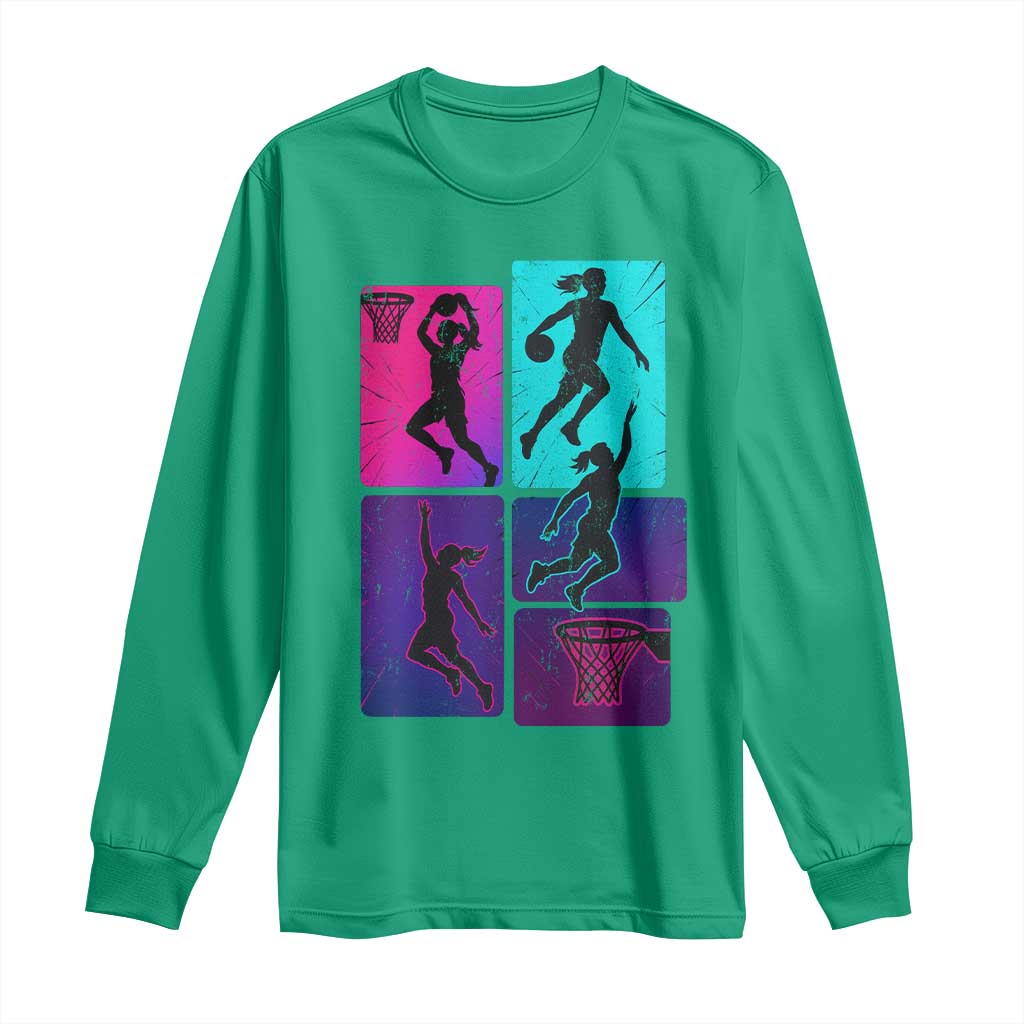 Basketball Girls Long Sleeve Shirt Retro Neon Girl Dunk Hoop Sports - Wonder Print Shop