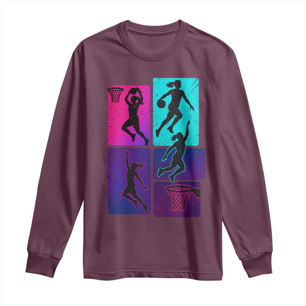 Basketball Girls Long Sleeve Shirt Retro Neon Girl Dunk Hoop Sports - Wonder Print Shop