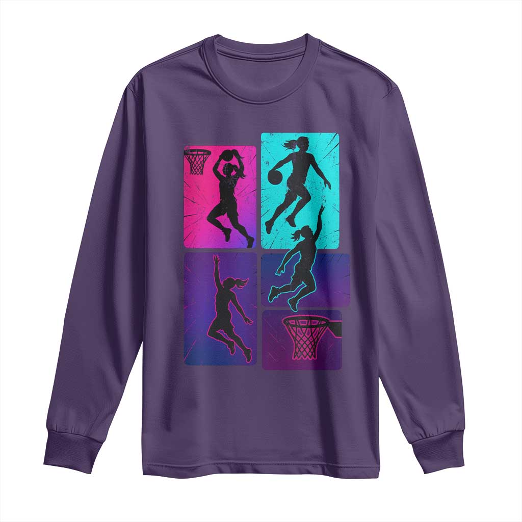 Basketball Girls Long Sleeve Shirt Retro Neon Girl Dunk Hoop Sports - Wonder Print Shop