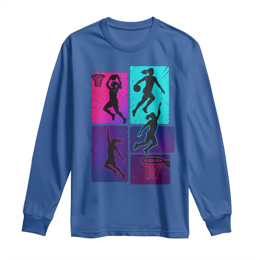 Basketball Girls Long Sleeve Shirt Retro Neon Girl Dunk Hoop Sports - Wonder Print Shop