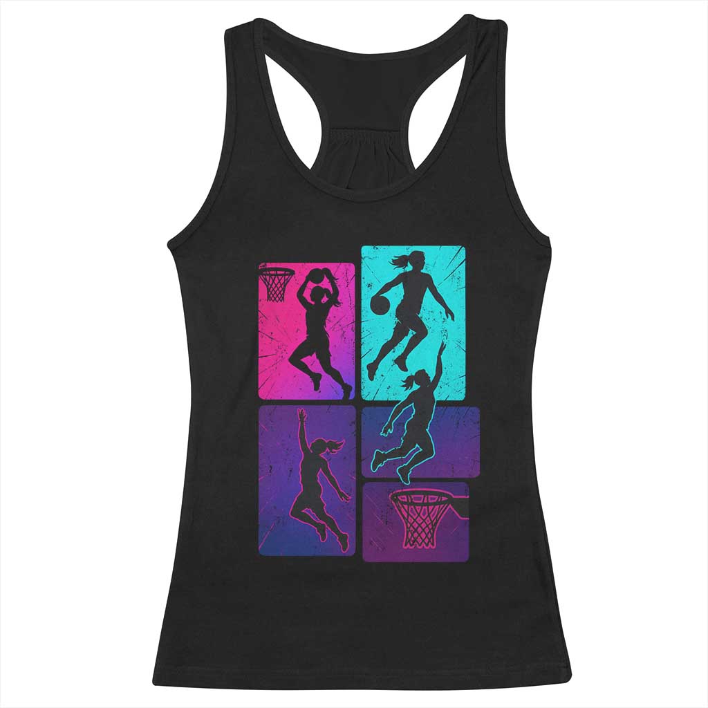Basketball Girls Racerback Tank Top Retro Neon Girl Dunk Hoop Sports - Wonder Print Shop