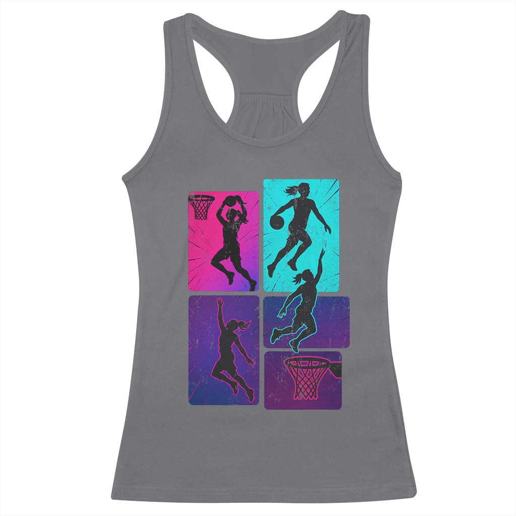 Basketball Girls Racerback Tank Top Retro Neon Girl Dunk Hoop Sports - Wonder Print Shop